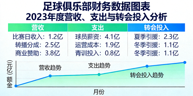 足球俱乐部财务数据图表展示 - 营收、支出与转会投入