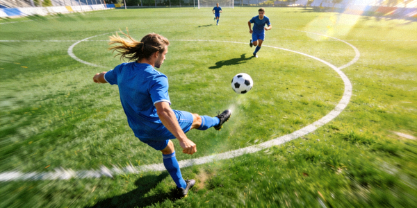 足球中场球员精准长传发动进攻 - 视野开阔